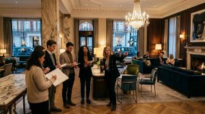 Elegant luxury hotel in Mayfair London with classic and modern architecture, students observing interior design.